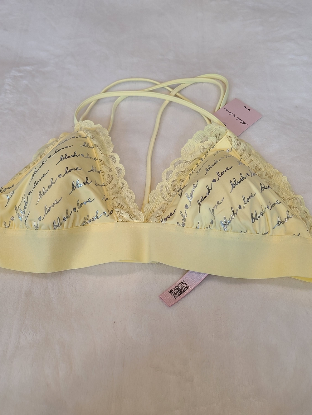 Victoria's Secret Pale Yellow Lace Triangle Bralette with Script Detail